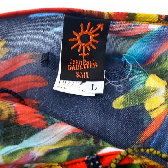 Vintage JEAN PAUL GAULTIER SOLEIL Striped Tunic w/Parrot Feather Printed Accents - Picture 4 of 6